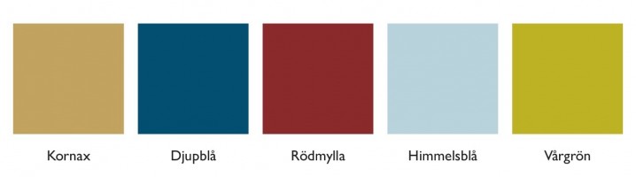 Fem kvadrater med färgerna i Pedersöres färgpalett: kornax, djupblå, rödmylla, himmelsblå och vårgrön.