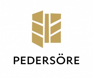 Pedersören logo. Kullanvärinen tähkä, joka on myös avoin ovi. Tekstilisäys: Pedersöre