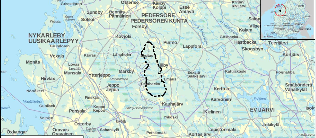 Kartta, josta näkyy, missä Purmon tuulivoimapuiston hankealue sijaitsee.