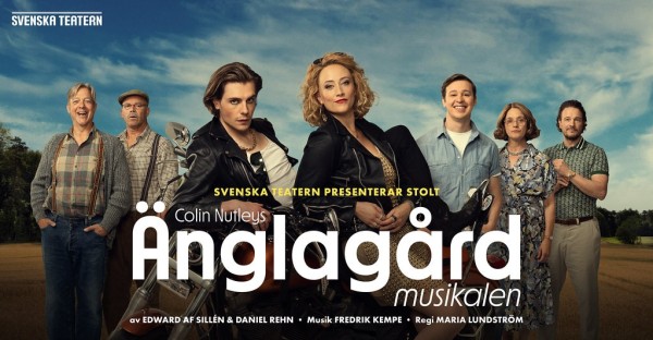 En bild av de sju skådespelarna i musikalen Änglagård från Svenska teatern. 