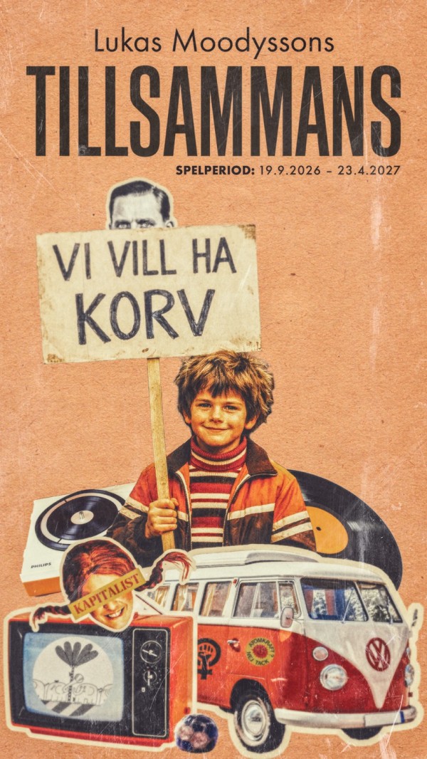 En grafisk bild av en tv, en folkabuss, en vinylskiva, ett barn som håller i en skylt där det står vi vill ha korv och en vinylspelare.