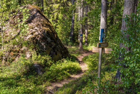 Vandringsstig går genom skogen. En stor sten till vänster, en skylt med texten Vandringsled till höger.