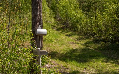 Laatikko, joka on sijoitettu puuhun ja tienviitan nuoli.