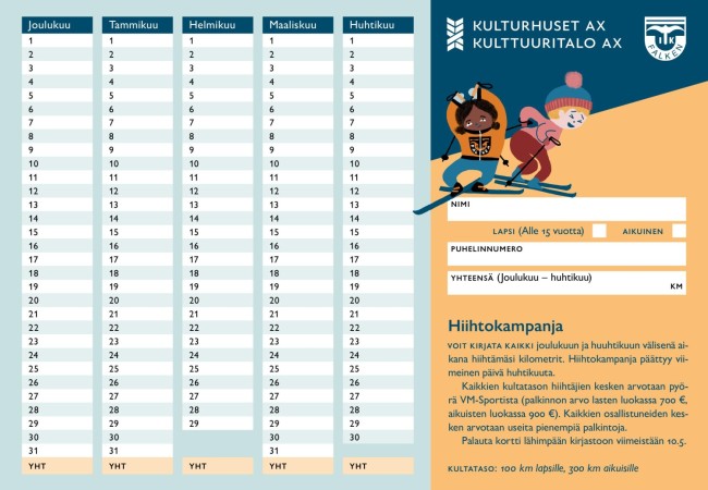 Pistekortti, jossa on kuukaudet ja päivät sekä rivit hiihtokilometrien kirjaamista varten. Kenttä yhteystietojen kirjoittamista varten ja kuvitus hiihtävistä ihmisistä. Suomenkielinen versio.