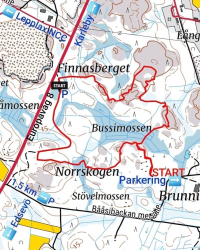 Karta som visar Bussimossens naturstig.