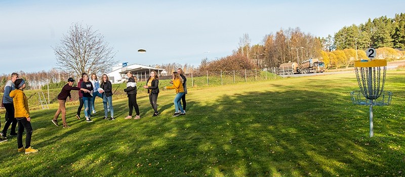 Nuoret pelaavat frisbeegolf