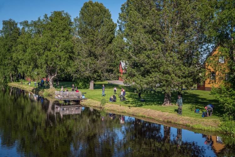 Monet kalastajat joen rannalla Kalastuksen yö-tapahtumassa 2022.