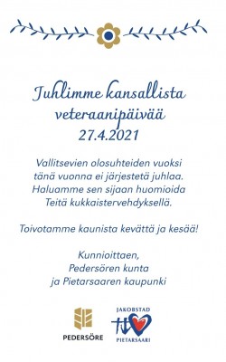 Kortti, joka annetaan veteraaneille kukkien kera. Teksti suomeksi.