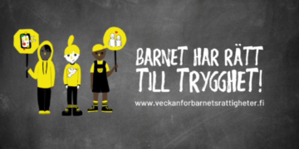 Lapsen oikeuksien viikon logo ruotsiksi: Barn har rätt till trygghet.