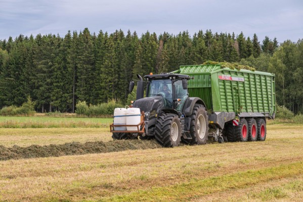 Traktori perävaunuineen kerää säilörehua pellolle.