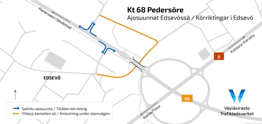 Kartta, jossa uudet ajosuunnat Edsevössä näkyvät.