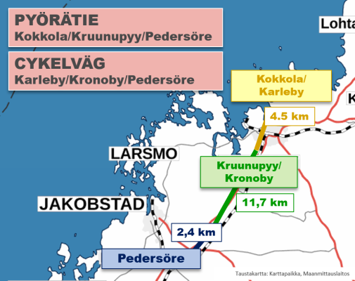 Kartta, josta näkyy suunniteltu pyöräilyreitti Kokkolasta Kruunupyyn kautta Pedersöreen.