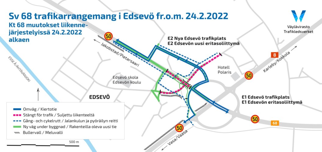 Infokartta, josta näkyy uudet liikennejärjestyelyt Edsevössä 24. helmikuuta alkaen.