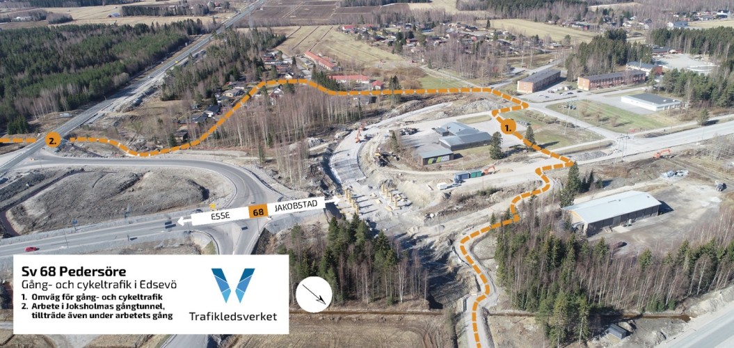 Flygbild över Edsevöområdet. Bilden visar omvägarna för gång- och cykeltrafik under byggarbetet längs stamväg 68 i Edsevö.