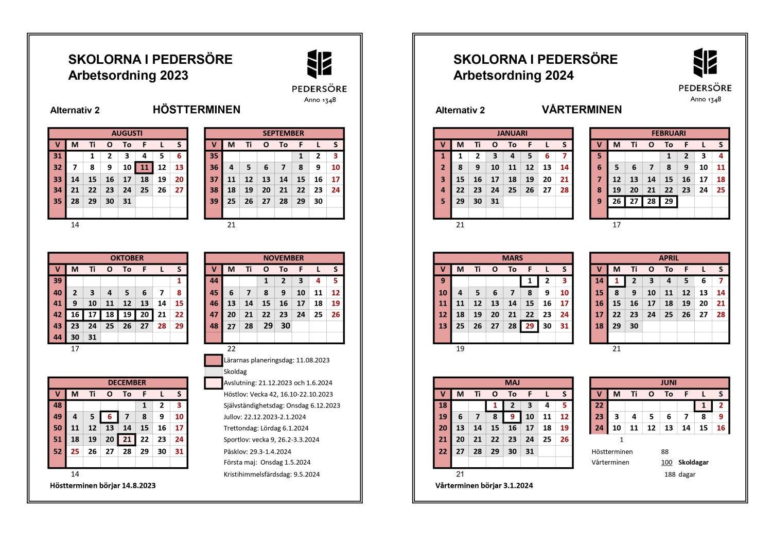 Ett schema som visar hur skoldagarna och lovdagarna är inplacerade under läsåret 2023-2024, alternativ 2.