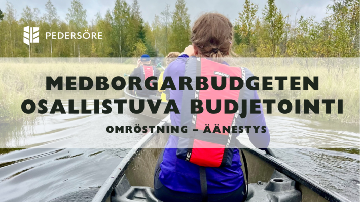 Bild över idrottscentret i Bennäs. Text på bilden: Medborgarbudget - Osallistuva budjetointi. Omröstning äänestys 1.9-15.9 2023.