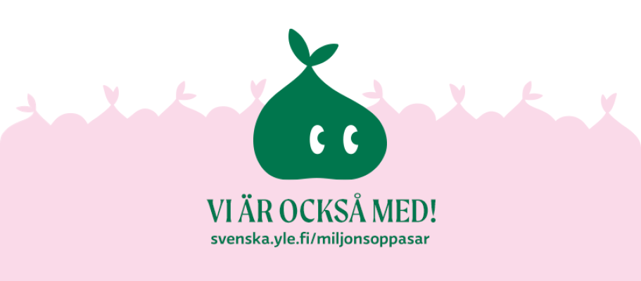 Logo för Yles kampanj En miljon soppåsar. Tilläggstext: Vi är också med! samt webbadressen till skräpräknaren.