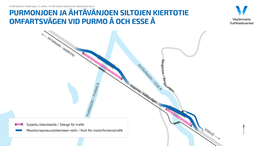 Kartta, joka näyttää Purmonjoen ja Ähtävänjoen siltojen kiertotie kantatiellä 68.
