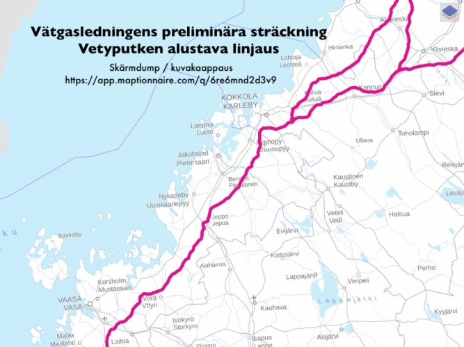 En karta över den preliminära sträckningen för gasledningen i Österbotten. Skärmdump från responsformuläret.