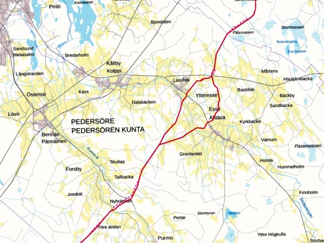 Skärmdump från kartan som visar den uppdaterade ruttplanen för det nationella vätgasnätet i Pedersöre kommun.