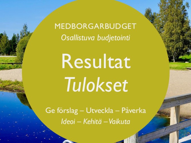 En bild där man kan ana en simstrand bakom en rund cirkel där det står Medborgarbudgetens resultat, ge förslag, utveckla och påverka, på svenska och finska.