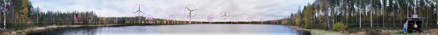 Ett fotomontage över sjön Stipik. På andra sidan sjön ser man inplacerade vindkraftsverk och hur de syns i landskapet.