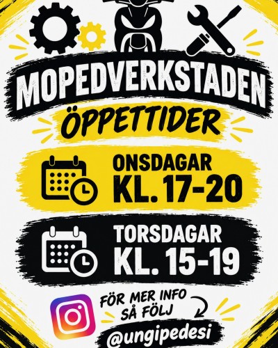 En affisch med mopdverkstadens öppettider, onsdagar kl. 17-20, torsdagar kl. 15-19.