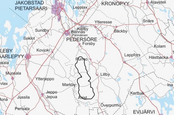 Kartta, jossa suunniteltu tuulipuistoalue on osoitettu Purmon kylän lounaispuolelle.
