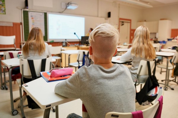 Skolelever sitter i ett klassrum, barnen är fotograferade bakifrån.