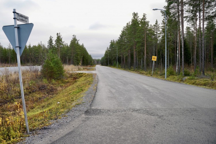 Lodevägen vid utfarten till Skutnabbavägen. Skog på båda sidorna av vägen.