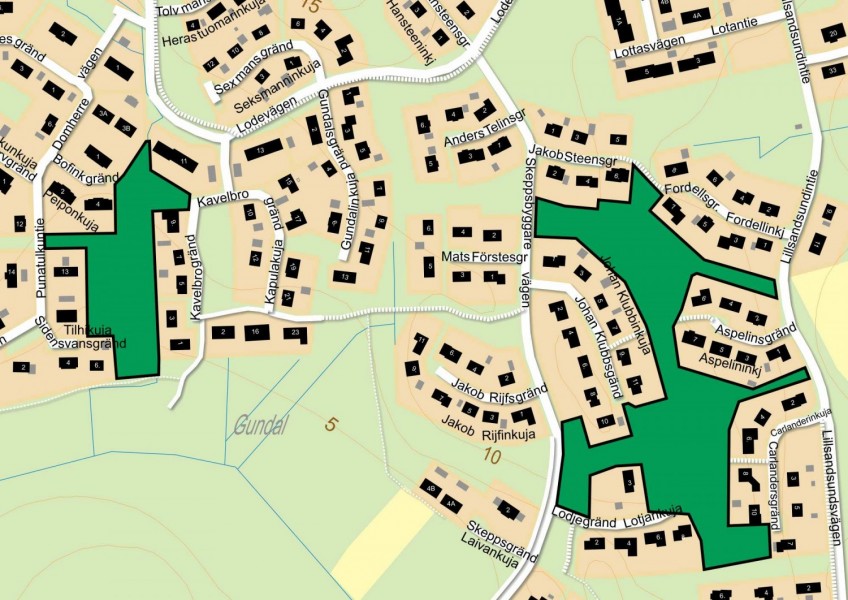 En karta där de två skogsområden som ska gallras är markerade med grön färg.