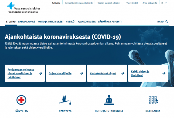 Foto av Vasa centralsjukhus webbsidor med coronainformation.