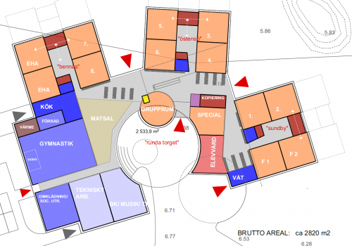 Skissen visar hur olika rum är placerad i förhållande till varandra i skolskissen för Bennäs-Östensö-Bennäs skola.