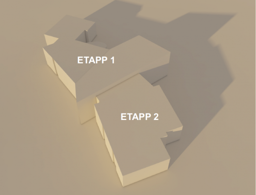 En tredimensionell bild av Sandsund skola uppifrån. Skissen visar etapp 1 och etapp 2.