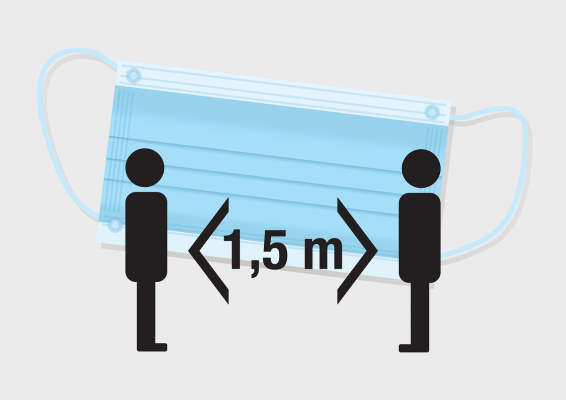 Symboolikuva riittävästä turvavälistä, 1,5 metriä. Taustalla on kasvomaski.