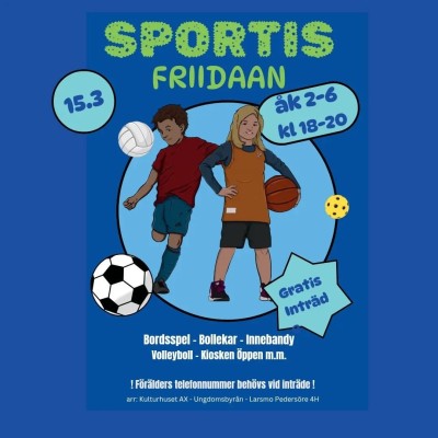 Plansch med information om Sportisfriidaan. En tecknad pojke och en tecknad flicka står inne i en cirkel. Pojken sparkar en boll, flickan har en boll o handen.