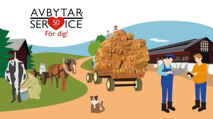 En illustration som föreställer en bondgårdsmiljö. En ko mjölkas, en häst drar ett lass med höbalar, en katt och människor.