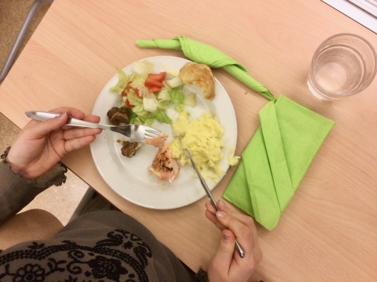En elev äter från en tallrik med ugnslax, potatismos och sallad. Vid sidan av tallriken är en servett. Bara händerna syns av eleven.