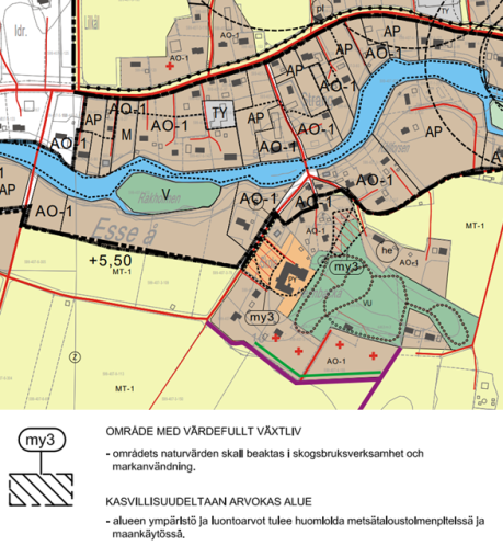 En karta över Kållby detaljplan, med olika planbeteckningar.