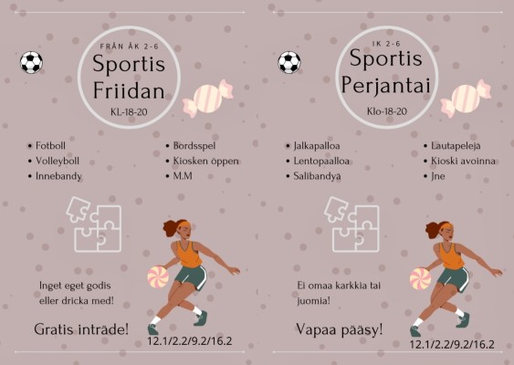 Juliste, joka kertoo tapahtumasta Sportis-Perjantai. Tekstistä löytyy samat tiedot. Kuvan oikeassa alareunassa piiretty tyttö pelaamassa koripalloa.