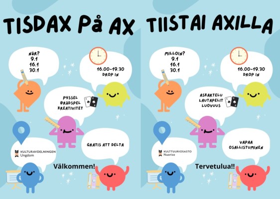 Juliste, joka kertoo Tiistai Axilla-tapahtumasta. Samat tiedot löytyvät tekstistä. Pienet hahmot seisovat informaatiota sisältävien puhekuplien vieressä.