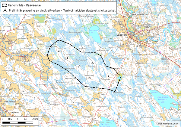 Karta som visar vindkraftverkens preliminära platser.