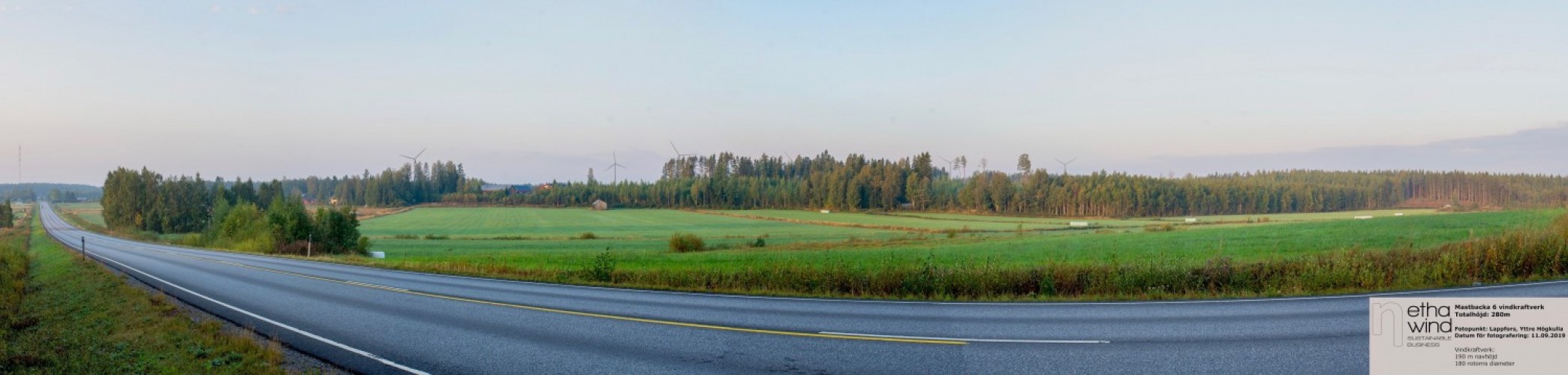 Ett fotomontage som visar hur vindkraftverk skulle kunna påverka landskapsbilden i Lappfors. Montage: Etha Wind.