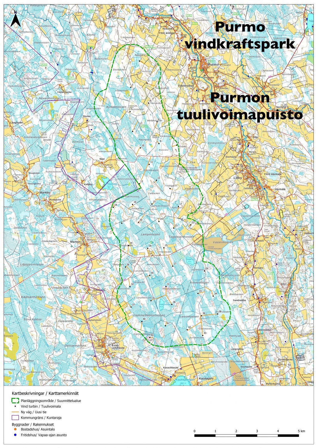Karta, jossa on Purmon tuulivoimapuiston hankealueen rajat. Tieverkosto, järvet ja joet näkyvät myös.