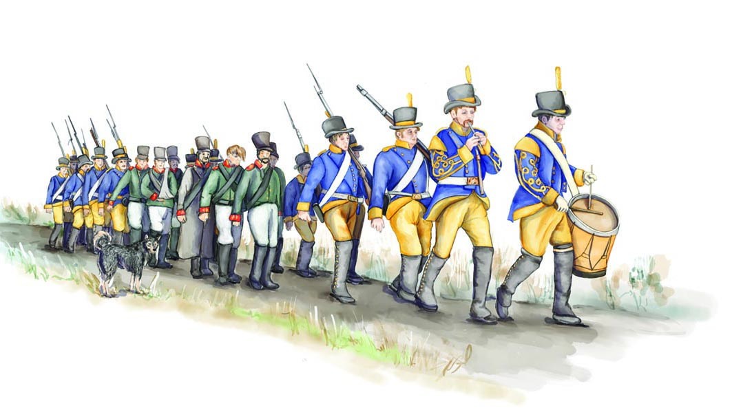 Soldater marscherar på led. Längst framme och längst bak går österbottningar i gula byxor och blå uniform och i mitten går tillfångatagna ryssar i vita byxor och grön uniform. 