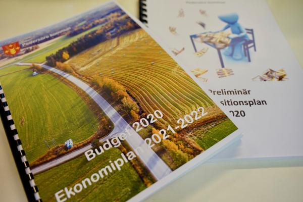 Budgetboken år 2020. Flygfoto med en väg och åkrar.