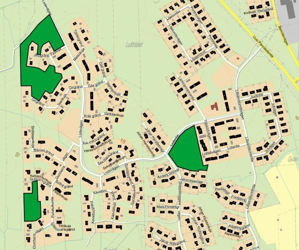 Karta över Sandsund. Grönmarkerade områden ska gallras.